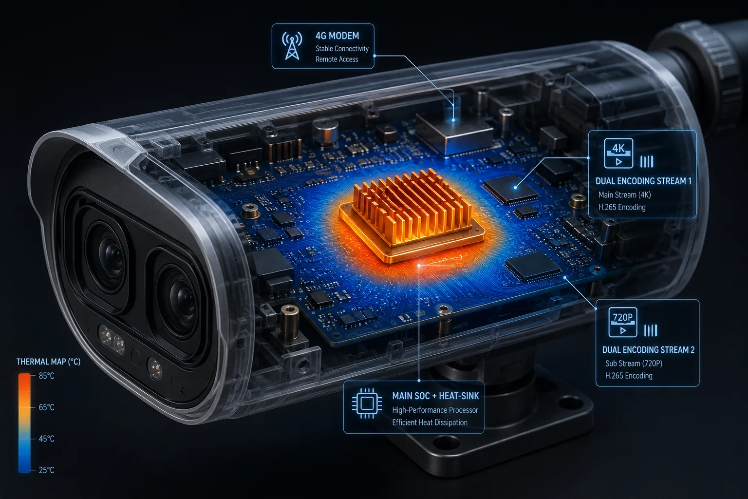 Dual-4MP-ISP-Wärmemanagement in 4G-PTZ-Kamera