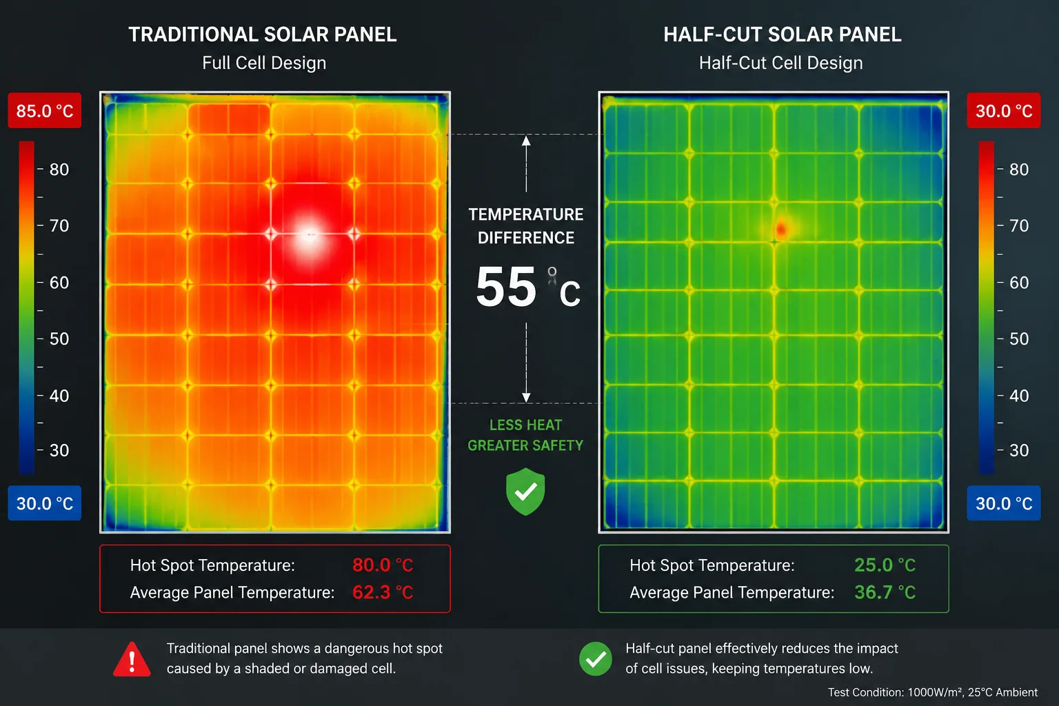 Solarpanel mit geteilten Zellen und reduzierter Heißpunkttemperatur