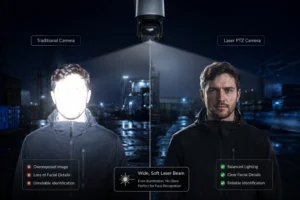 Comparaison côte à côte des caméras de sécurité PTZ traditionnelles et laser, mettant en évidence les problèmes de surexposition des caméras traditionnelles par rapport à l'éclairage équilibré et à la reconnaissance faciale claire des caméras PTZ laser.
