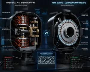 Side-by-side comparison of traditional PTZ stepping motor and next-gen ultrasonic motor, highlighting internal structures, drawbacks, and advantages.