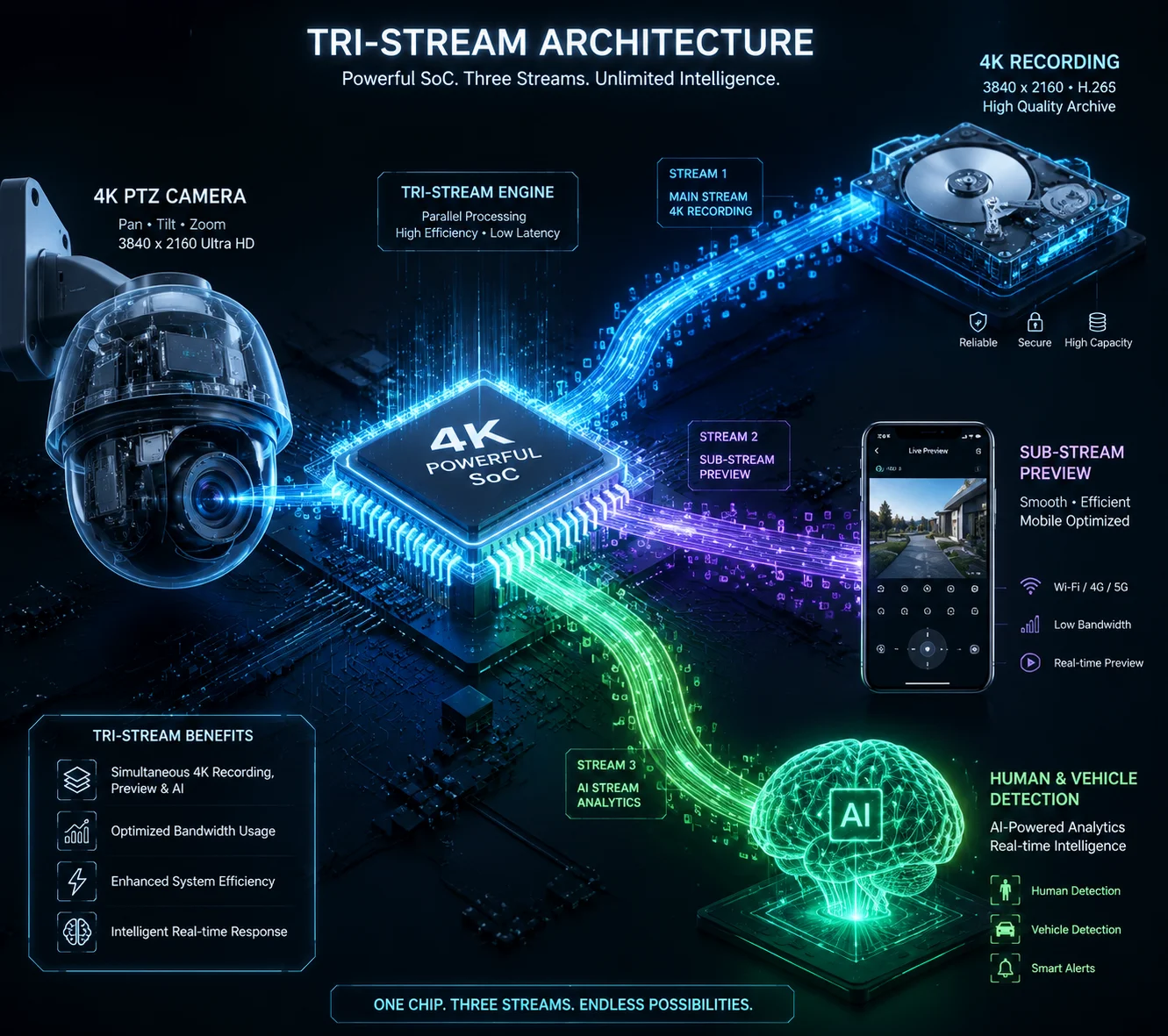 tri-stream local recording remote viewing AI analysis PTZ camera