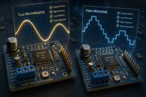 Two microcontroller boards side by side showing a comparison of true microstepping with smooth motion and precision versus fake microstepping with rough motion and low precision.