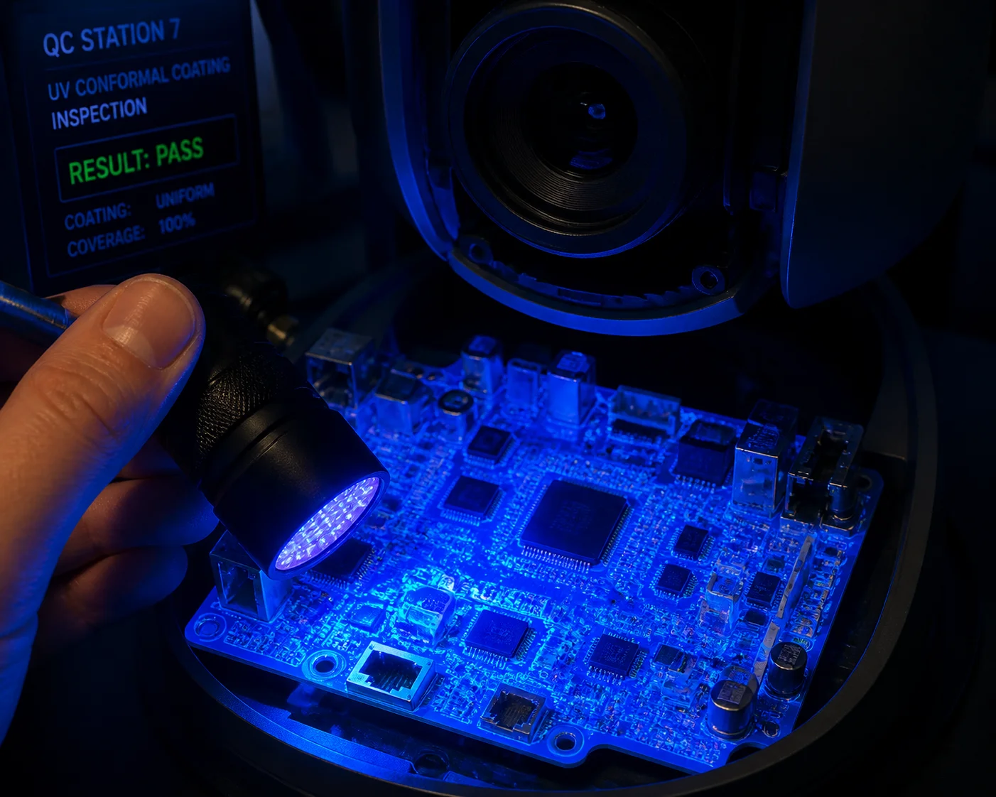 Inspeção UV do revestimento conforme em PCB de câmera PTZ