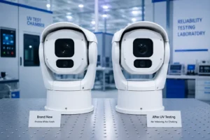 Deux caméras de surveillance blanches présentées côte à côte dans un laboratoire d'essai, étiquetées ' Neuf ' et ' Après test UV ', démontrant la durabilité et les performances.