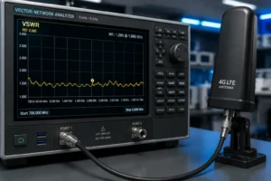 Close-up of a vector network analyzer displaying VSWR measurements while connected to a 4G LTE antenna via a cable in a lab setting.