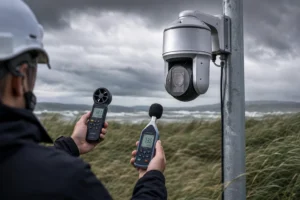 Une personne utilisant des appareils de surveillance météorologique et sonore près d'une caméra de surveillance extérieure montée sur un poteau dans un champ herbeux venteux sous un ciel nuageux.