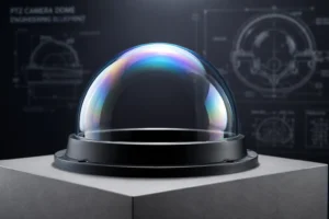 Dôme de caméra PTZ avec des reflets iridescents affichés sur un piédestal devant un plan d'ingénierie.