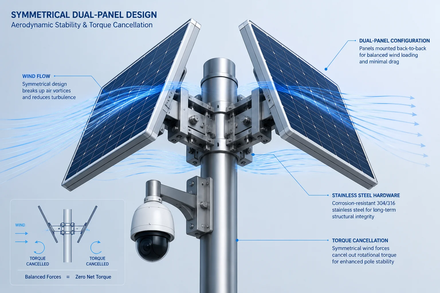 Symmetrical dual panel solar PTZ pole stabilization