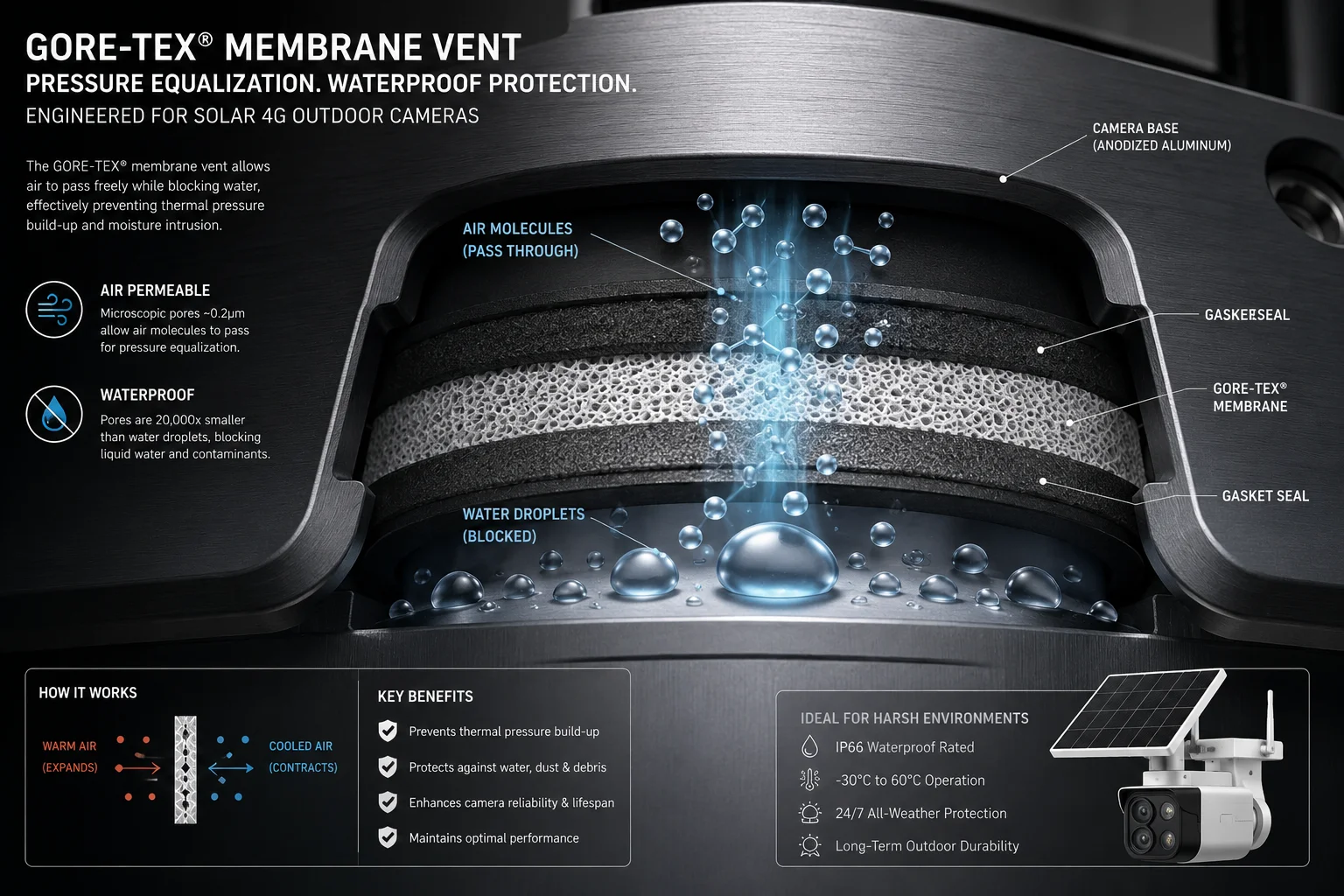 Évent de pression membrane Gore-Tex entre joints doubles caméra PTZ