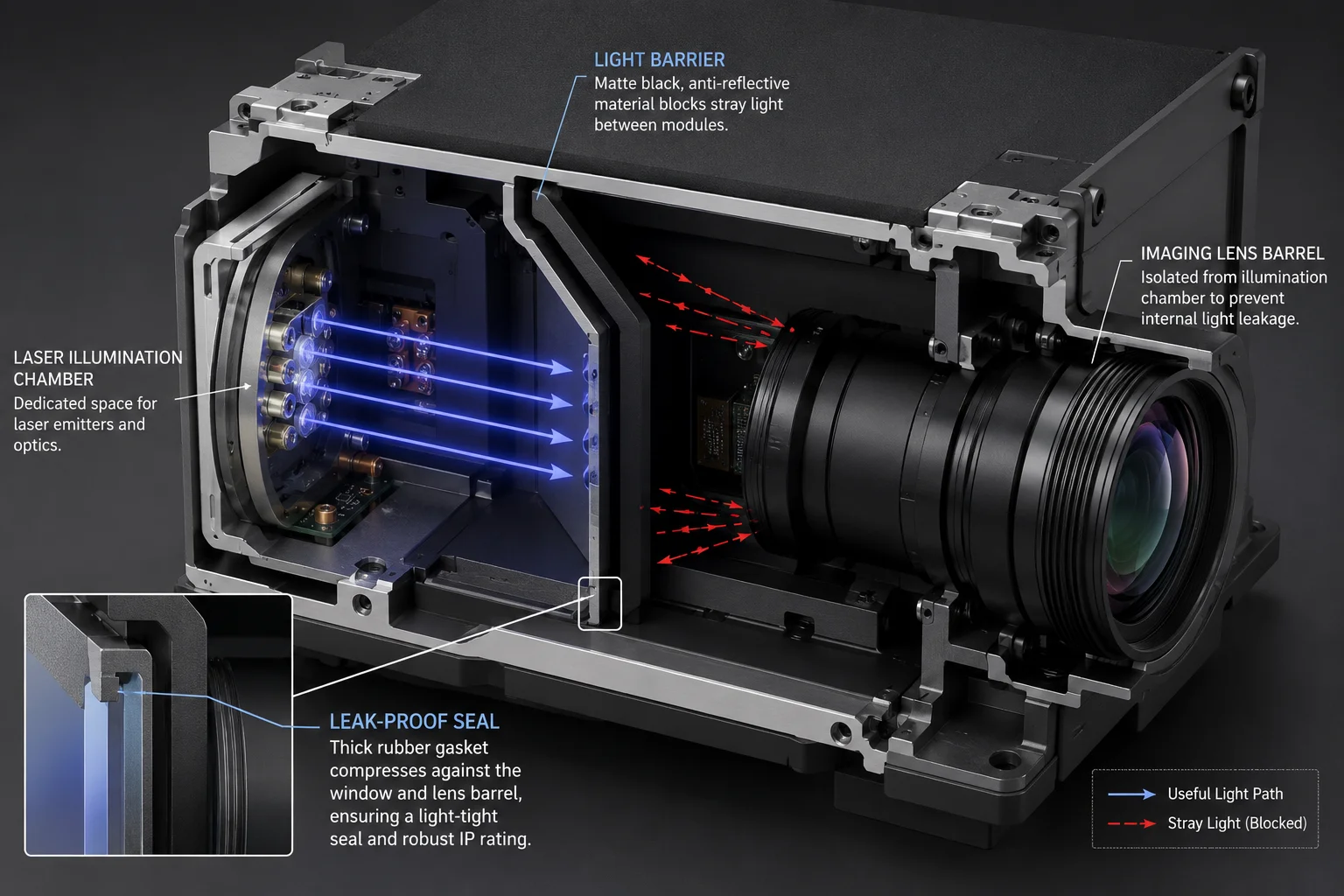 Barreira de luz entre o laser e a lente da câmera PTZ