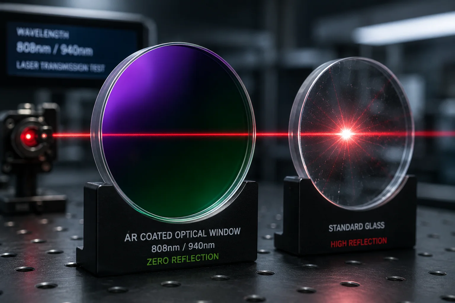 Revestimento AR, reflexo de laser, vidro da janela