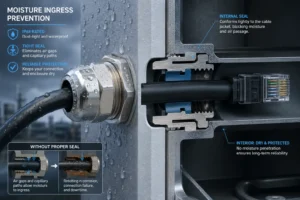 Vue rapprochée d'un joint de câble classé IP68 démontrant sa prévention de l'infiltration d'humidité avec des joints internes et étanches, protégeant la connexion et maintenant une enceinte sèche.