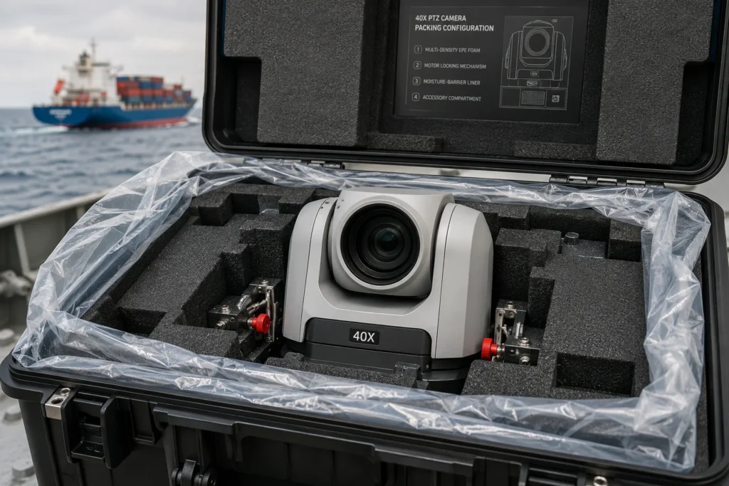 Eine 40-fache PTZ-Kamera, sicher in einem schaumstoffgefütterten Versandkoffer untergebracht, mit einem Frachtschiff im Hintergrund auf dem Meer.