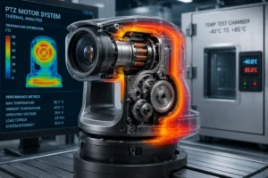 Gros plan d'un système de moteur PTZ avec des composants mécaniques internes mis en évidence dans une superposition d'analyse thermique, affiché à côté des données de performance sur un moniteur.