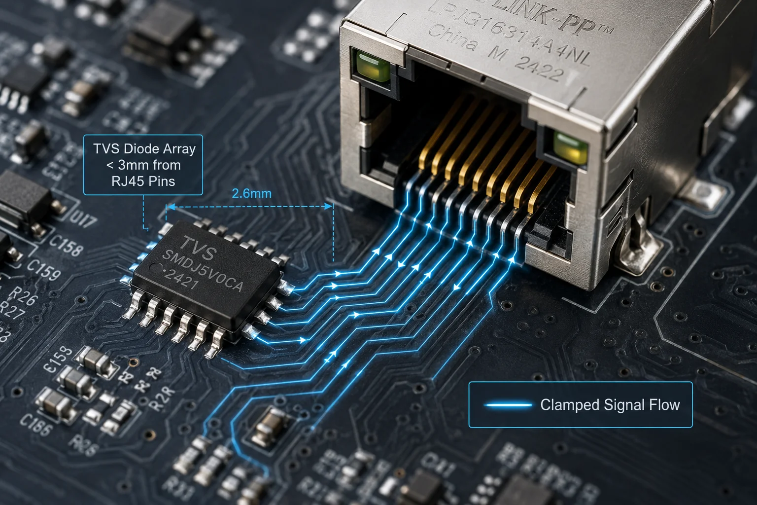 Conjunto de diodos TVS en líneas de datos RJ45