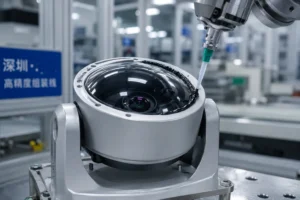 Gros plan sur une lentille de caméra de sécurité en cours d'assemblage avec un outil de précision appliquant de l'adhésif dans un cadre d'usine moderne.