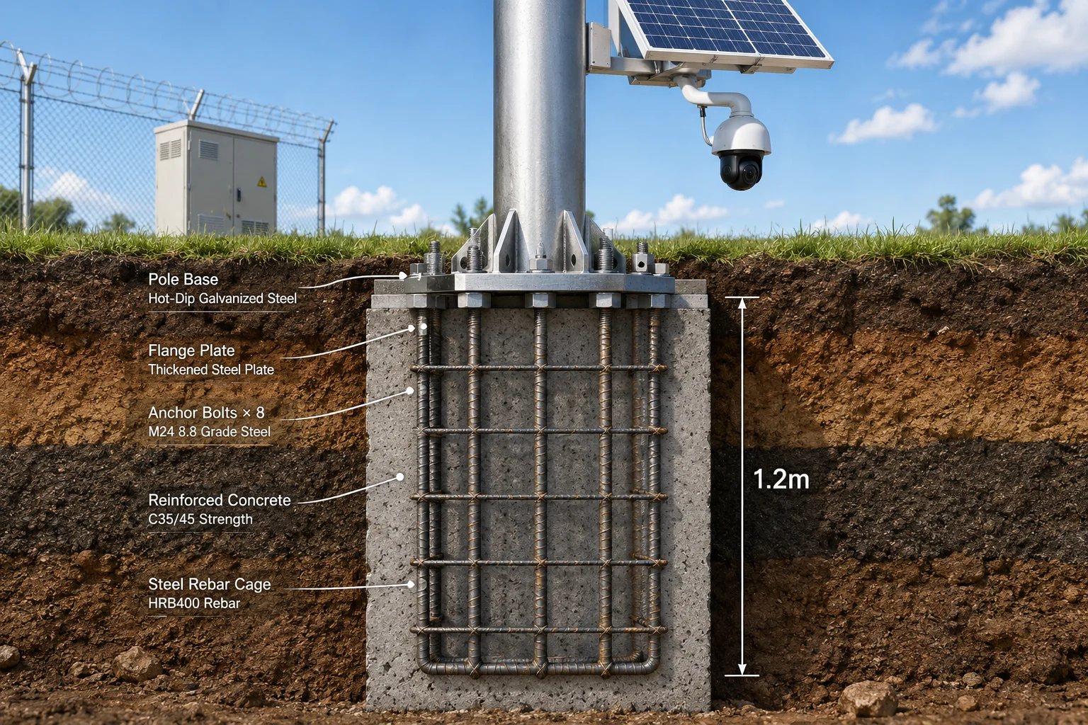 Deep concrete foundation for solar PTZ pole assembly