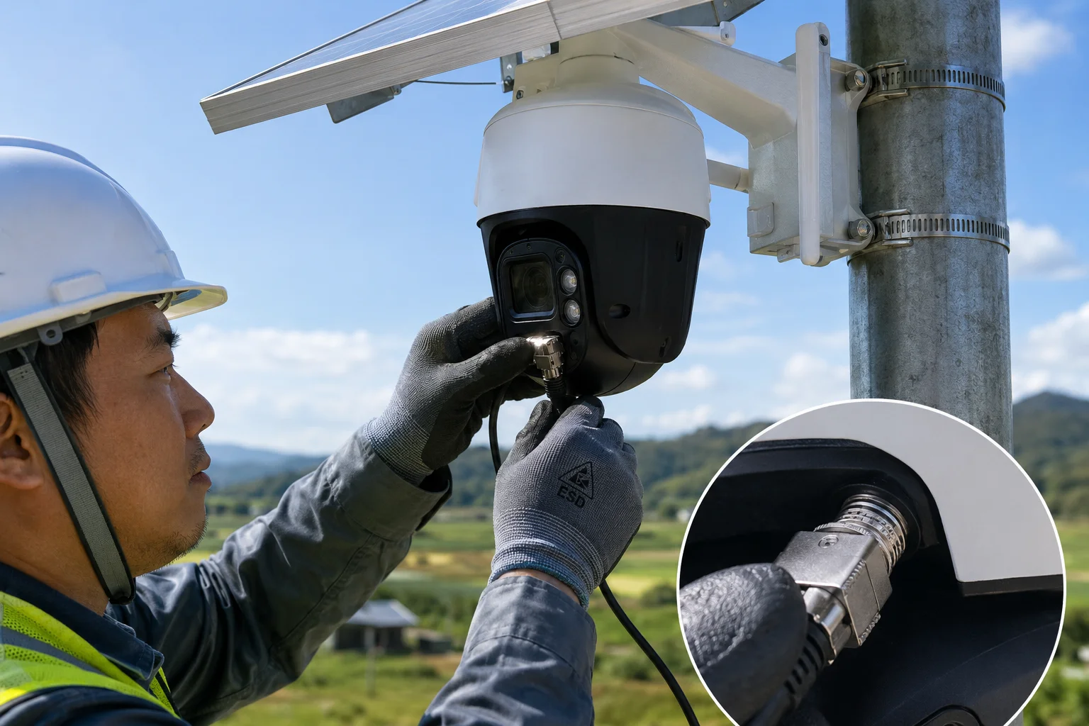 Técnico instalando cable RJ45 en cámara solar