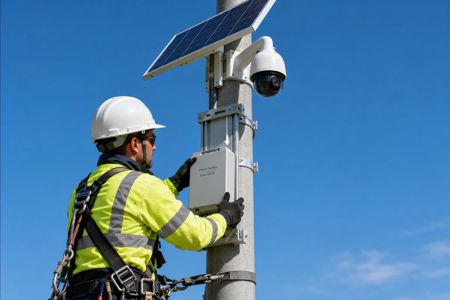 technician replacing battery box on solar camera pole