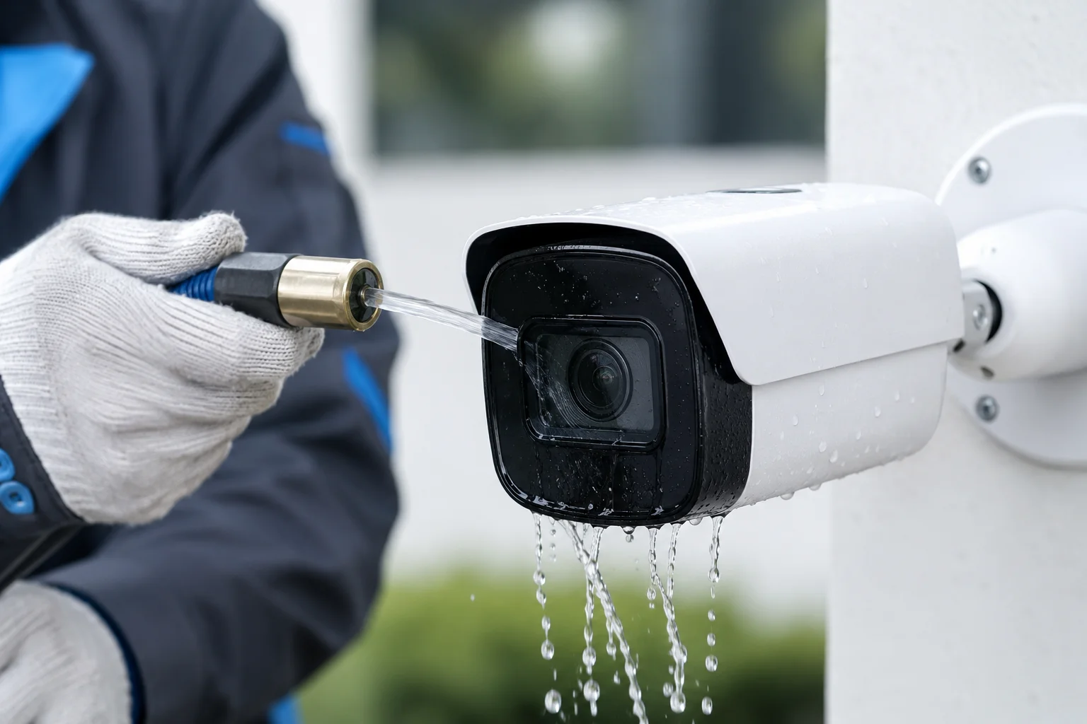 Reinigung von beschichtetem Kameraglas mit sicherem Wasserdruck